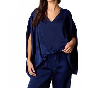 NEW BEFORE YOU satin solid v-neck elastic flowy top in navy